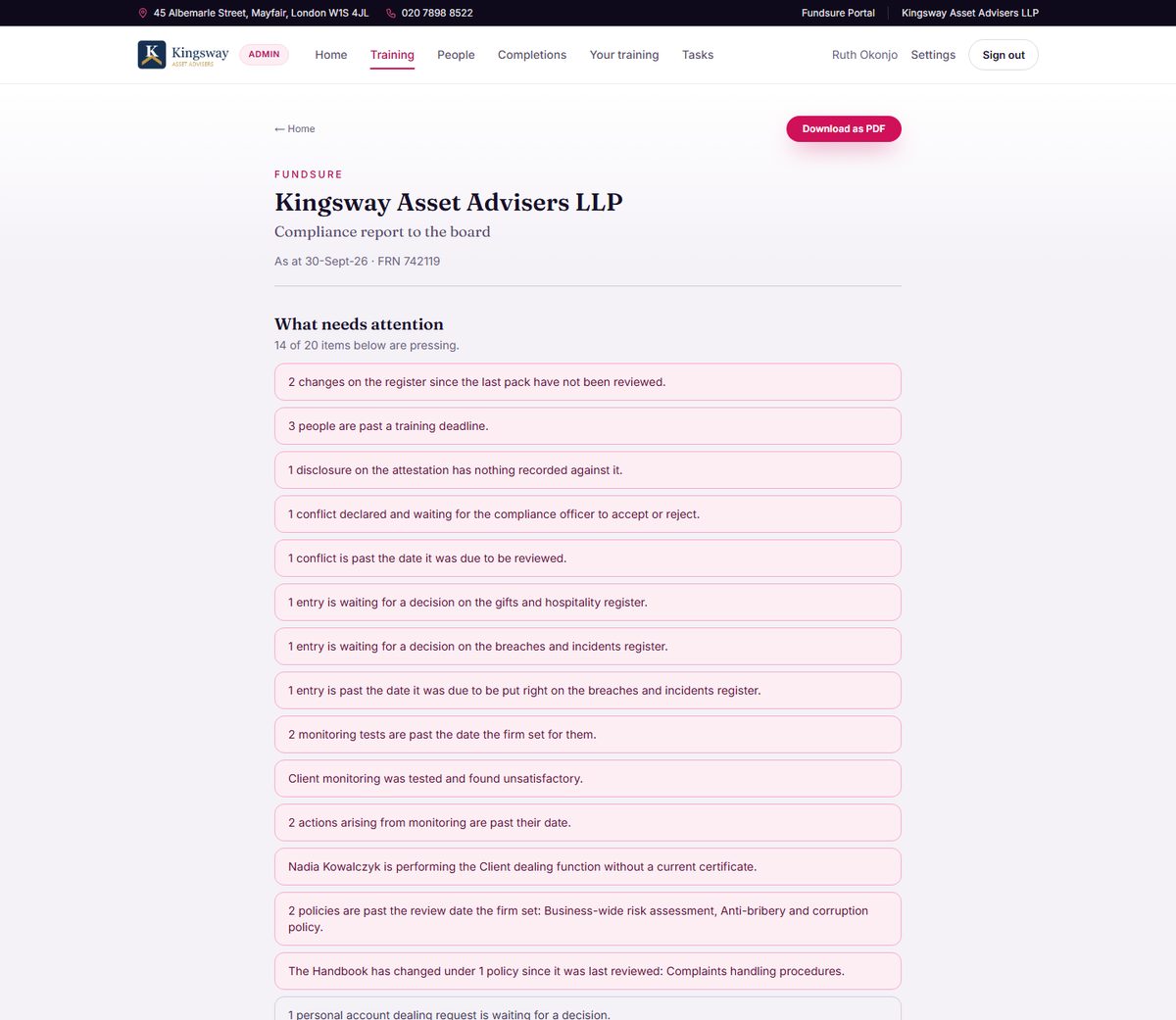 The compliance report to the board, with what needs attention at the top