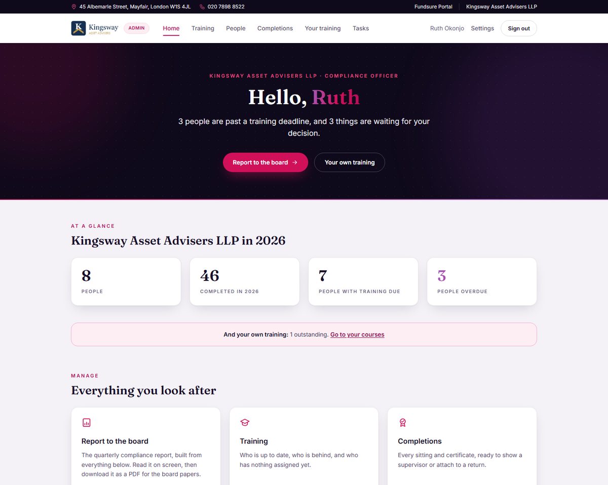 A compliance officer's home screen in the portal