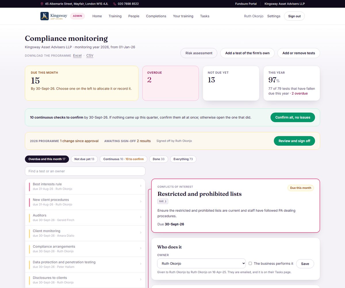 The compliance monitoring board, with what is due this month