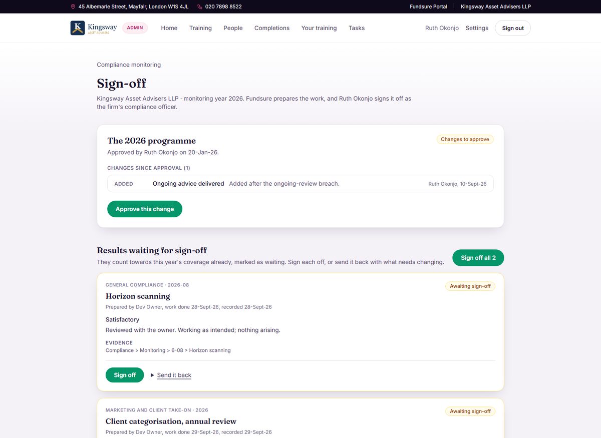 Results prepared by Fundsure waiting for the firm's compliance officer to sign off